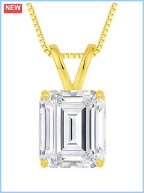 Moissanite Necklace 925 Sterling Silver Gold Plated Emerald Cut Pendant